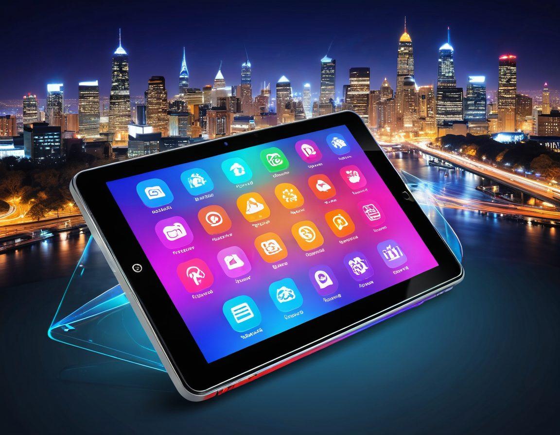 A sleek, modern digital address book interface displayed on a contemporary device, surrounded by vibrant icons symbolizing networking such as connections, messages, and contacts. Include a backdrop of a busy urban skyline to represent effective networking opportunities, with people interacting in the foreground. Bright, engaging colors enhance the visual appeal and convey a sense of productivity. super-realistic. vibrant colors.