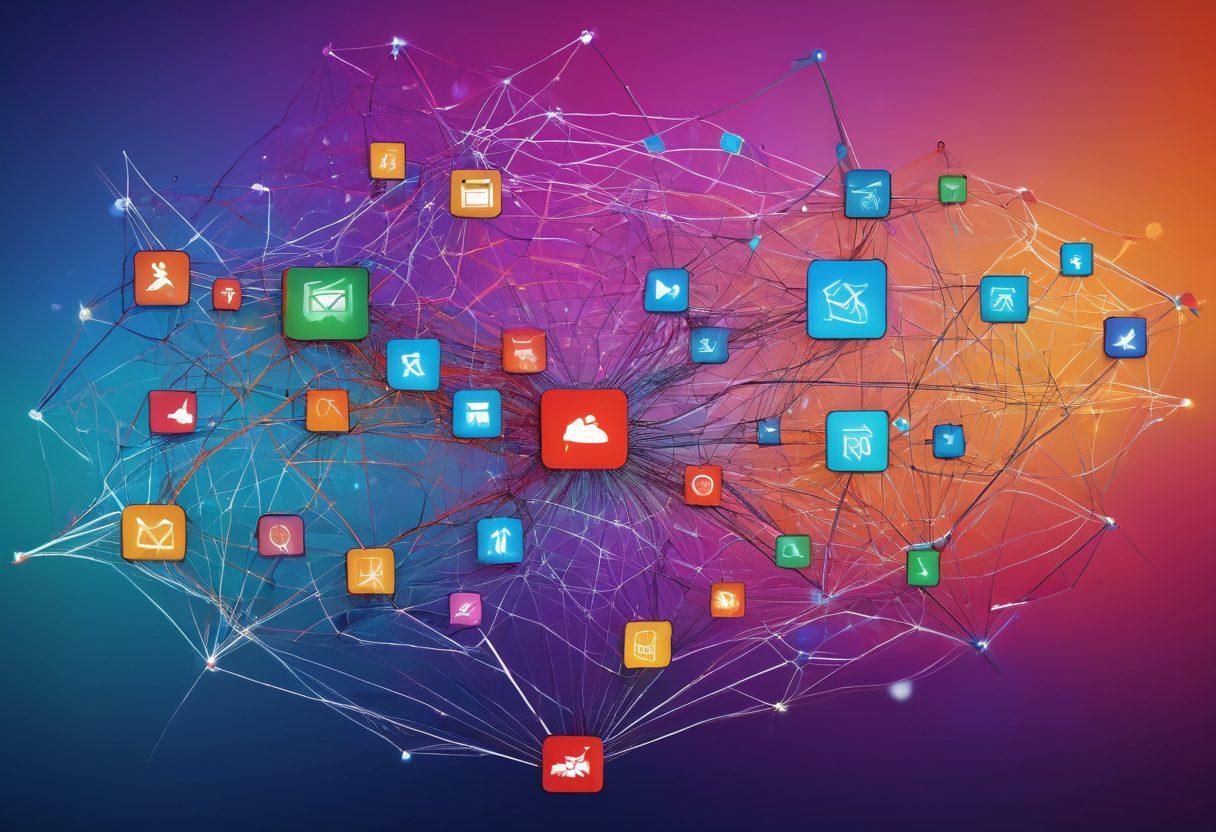 An abstract representation of a tangled web transforming into clear lines and connections, symbolizing chaos evolving into clarity. Incorporate imagery of contact icons, like phones and emails, emerging from a vibrant and colorful background, representing successful relationship building. Include light effects to emphasize the transition from confusion to organization. super-realistic. vibrant colors. soft focus.